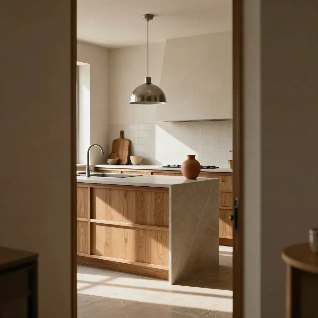 Cucina finita con top in pietra, frontali in rovere e luce calda dalla finestra.