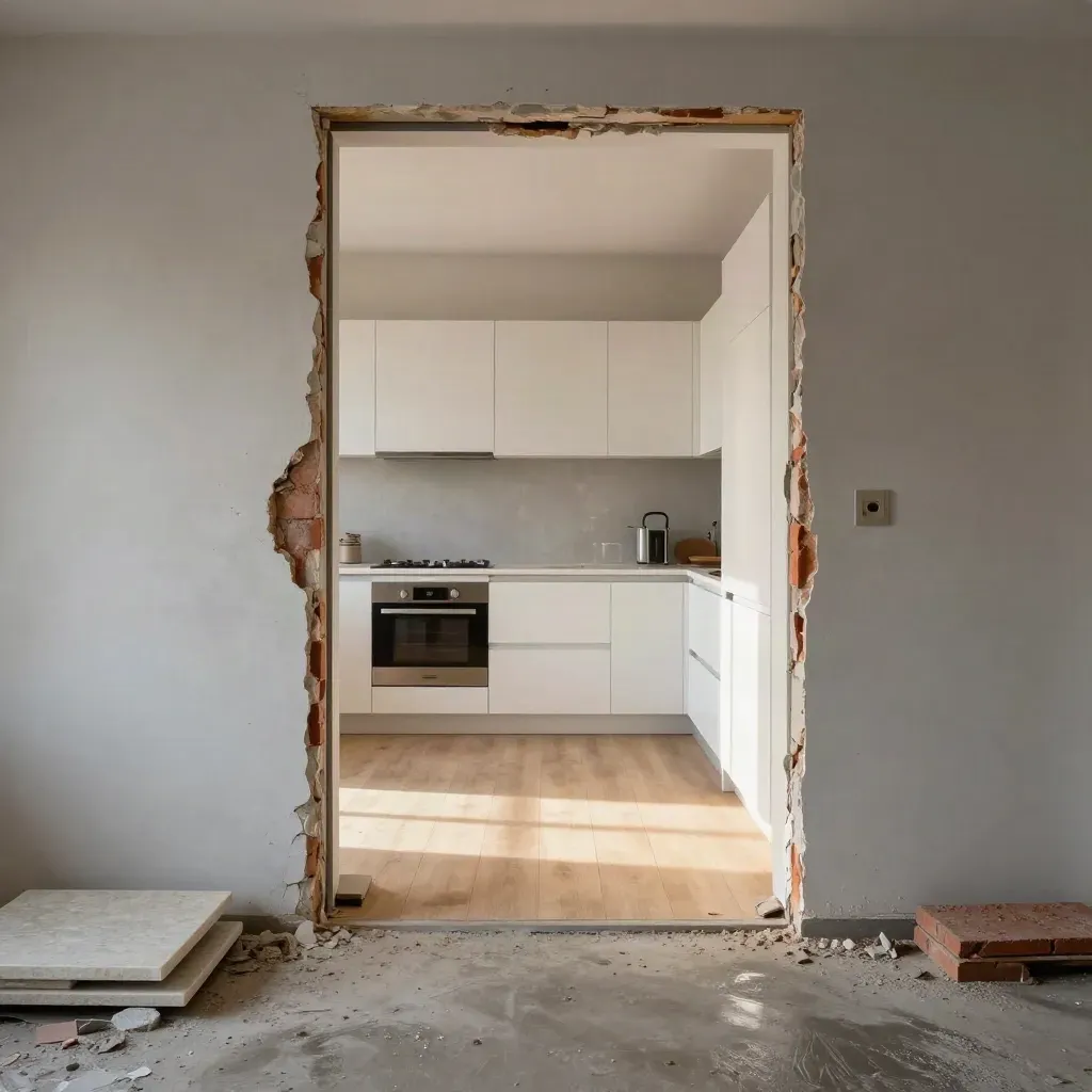 Interno milanese in ristrutturazione che si apre su una cucina finita, con luce radente e polvere.