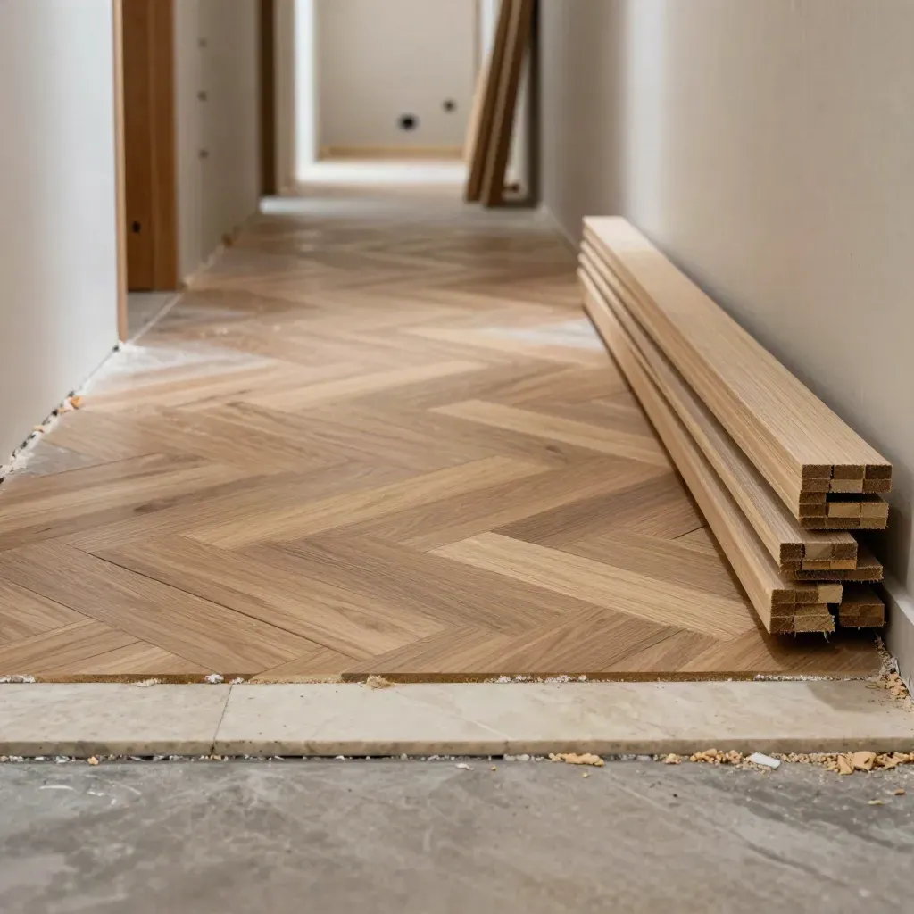 Corridoio con parquet a spina appena posato, soglia in pietra e tavole di scorta in cantiere.