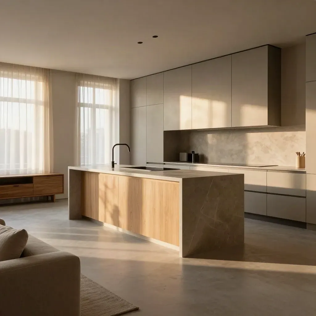 Interno milanese finito con cucina aperta, pavimento continuo e angolo living luminoso