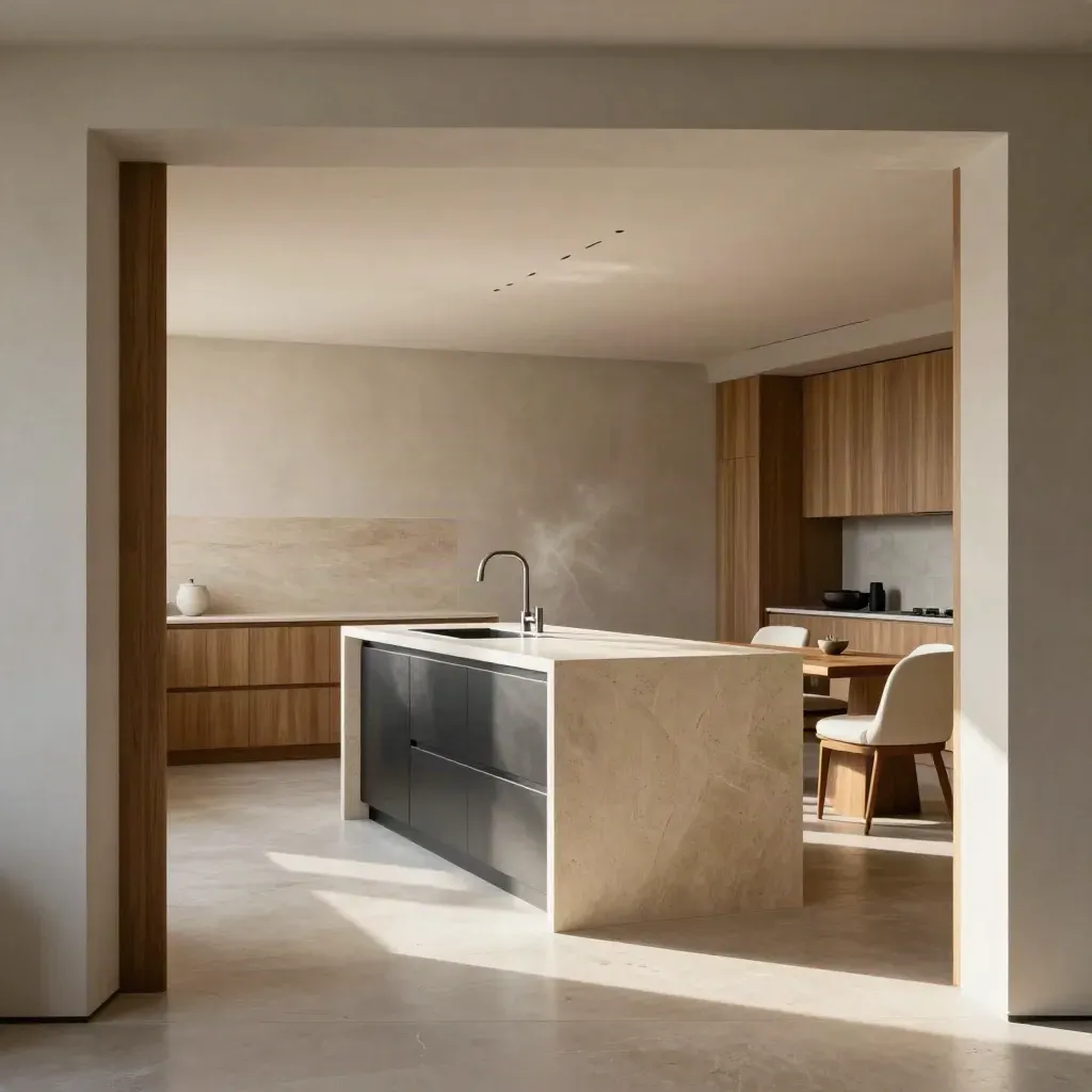 Cucina aperta con luce che entra dal varco e polvere sospesa sopra l’isola.