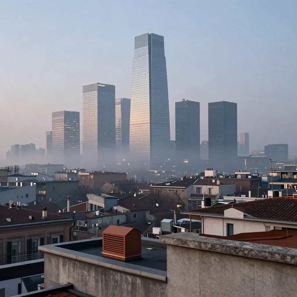Skyline di Milano con Porta Nuova nella foschia invernale al blue hour.