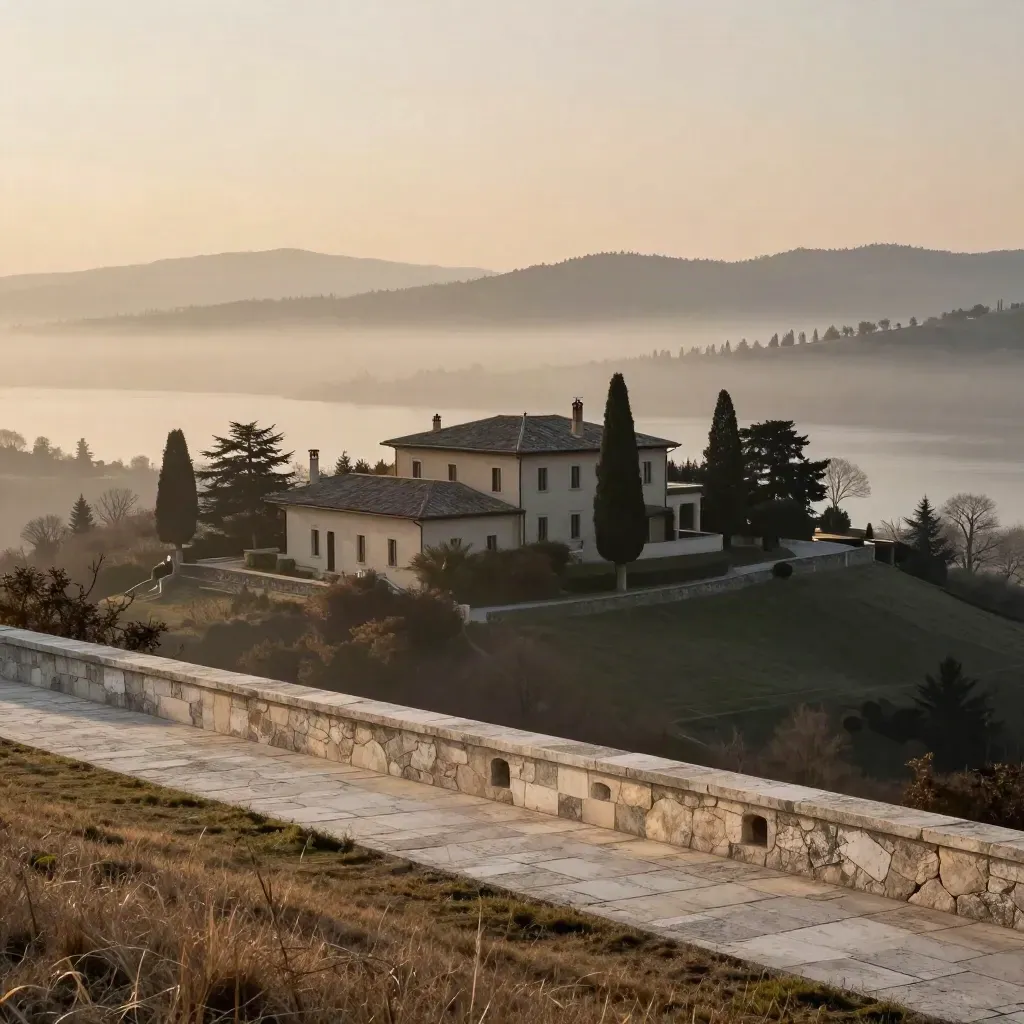 Ville della Brianza tra foschia serale e luce calda, con lago alto e primo piano di pietra.