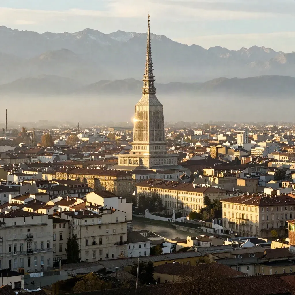 Torino al tramonto con la Mole Antonelliana e le Alpi in lontananza