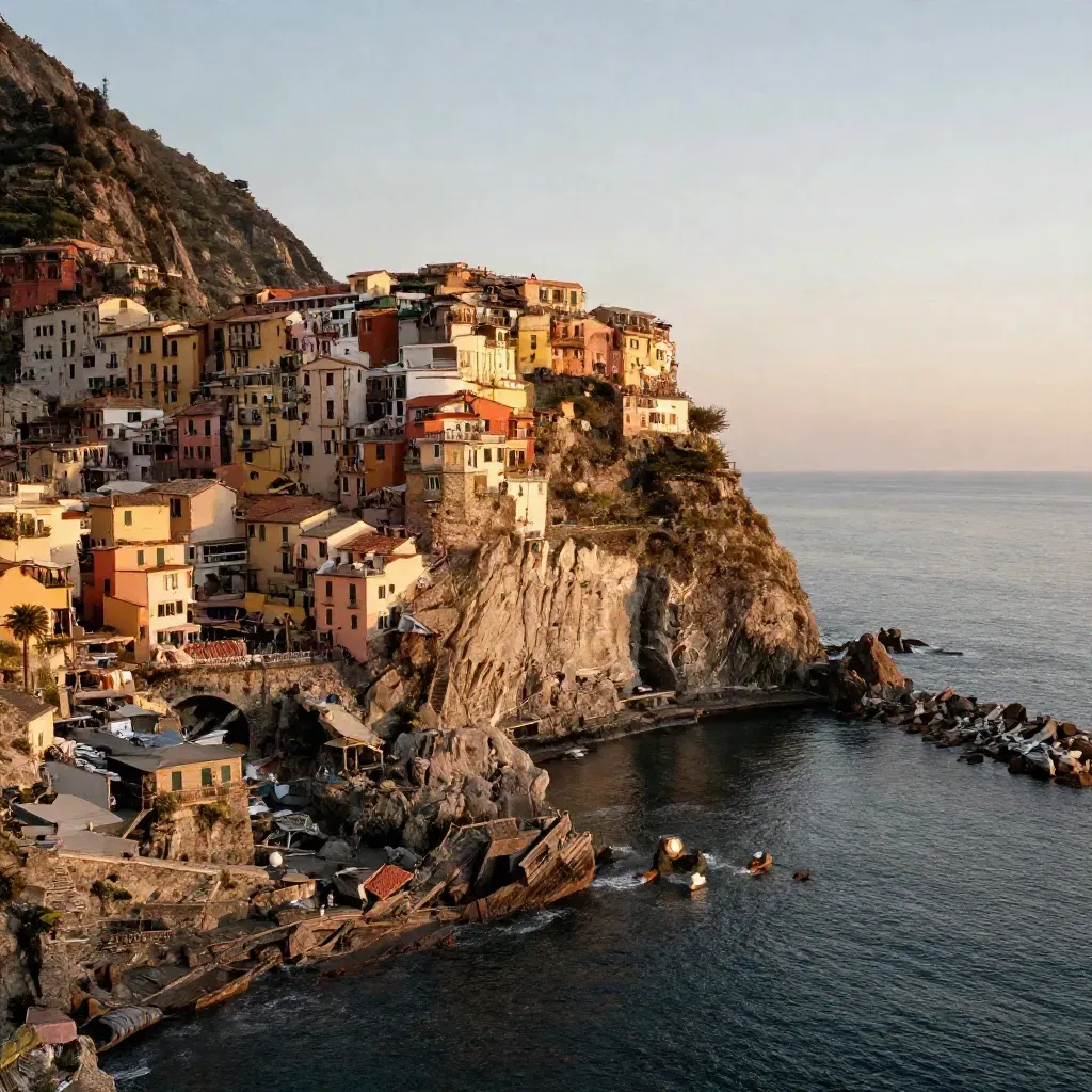 Borghi liguri al tramonto sopra il mare, con mare calmo in basso e luce dorata.